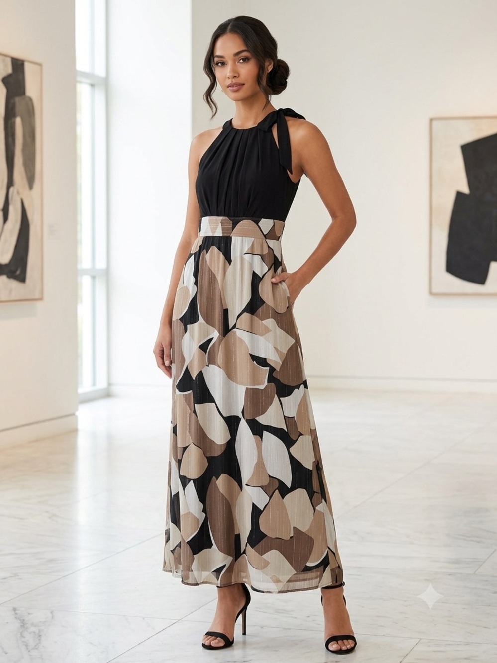 R&M RICHARDS Sleeveless Black & Brown Printed Maxi Dress. Size 14
